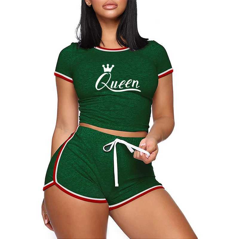 Women's Two Piece Pants Women Qun Print Sport 2 Pcs Set Women Crop Top Shirt Leggings Shorts Sportsuit Wear Workout Outfit Fitness Gym Clothes Y2