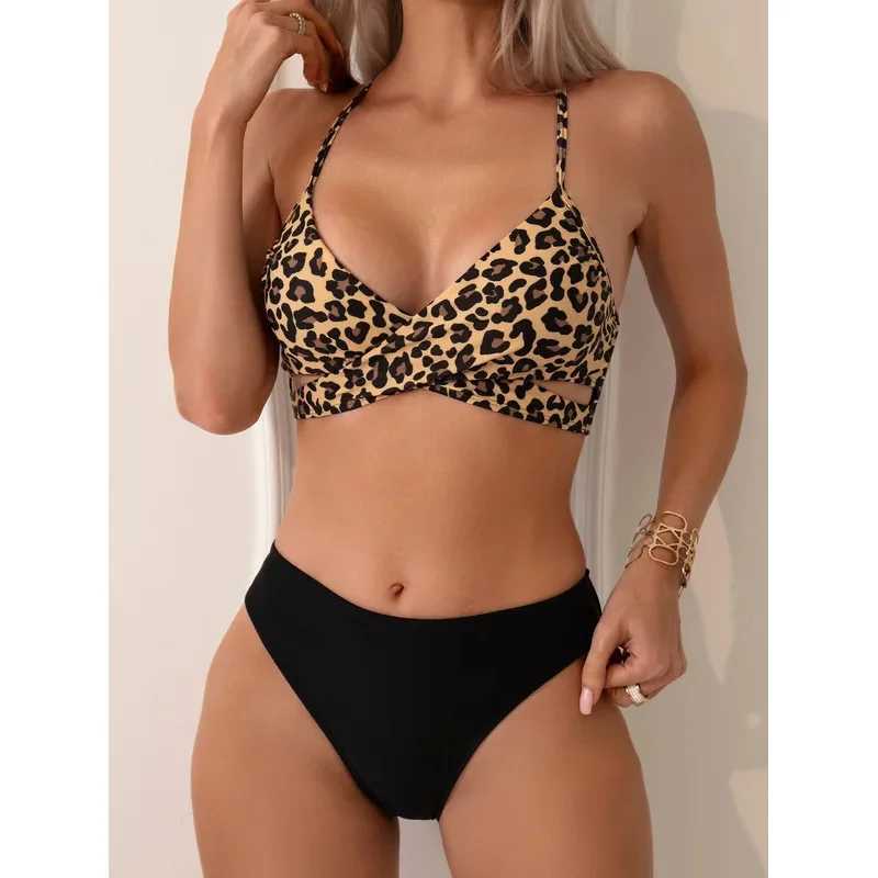 Sexy opard print cross bikini set 2024 women halter push up black high waist swimsuit summer bathing suit two piece swimwearXJ241212