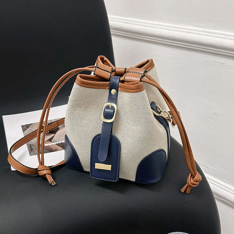Wholesale Hand-Held Water Bucket Bags, Women's New Style Canvas Contrasting Color Drawstring, High-End Single Shoulder Crossbody Bag, Fashionable