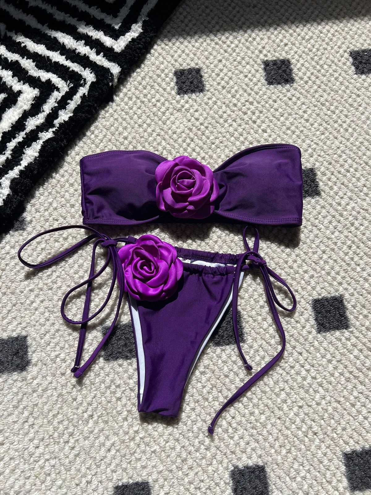 14 Colors 3D Flowers Bandeau High Cut Bikini Fa Swimsuit Women Swimwear Two-pieces Bikini set Bather Bathing Suit Swim K5265XJ241212