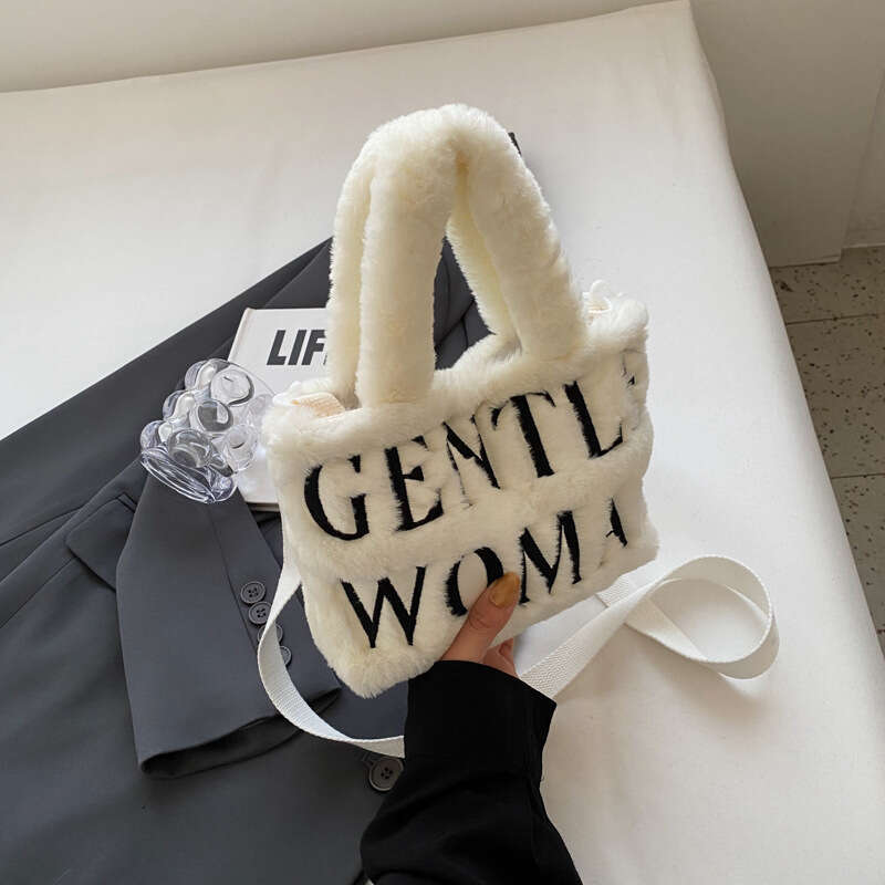 Thailand Gentle Woman Cute Plush Handbag 2023 New Embroidered Letter Single Shoulder Bag