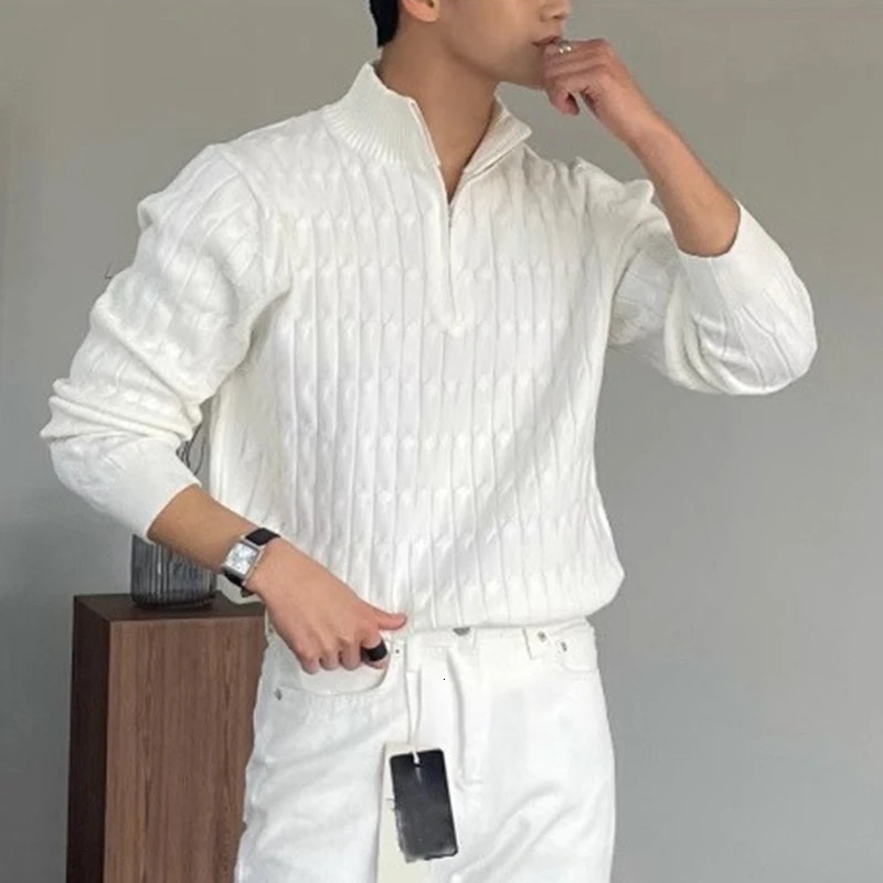 Autumn Clothing Mens Knitted Jacquard Zipper Pullover Sweater Premium Vintage Solid Color Stand Collar Long Sleeve y M3XL 241213