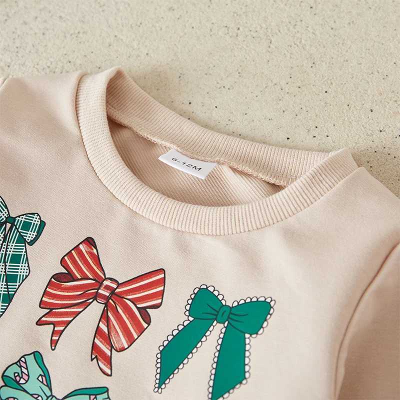 Suefenskry Preschool Girls Christmas Set with Bow Pattern Long Sleeve O-Neck Sweatshirt Top and Elastic Waist Chiffon Skiing Autumn Set W241213