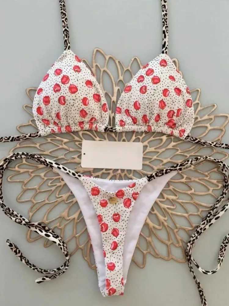 Swimwear Women Cute Cherry Print Brazilian Thong Bikini Set Sexy Thong Swimsuit Two Pieces Bathing Suit Women 2023 Beach WearXJ241212