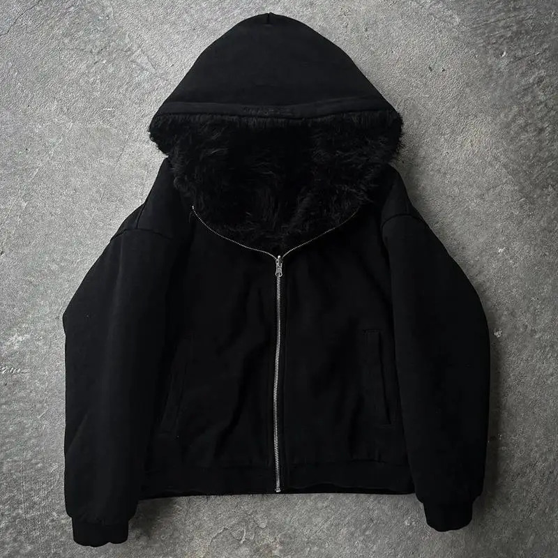 Y2k Men Punk Gothic Hip Hop Graphic Solid Color Faux Fur Collar Hoodies Clothes Casual Price Fashion Aesthetic Streetwear 241212