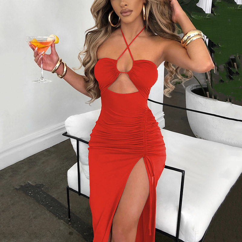 INS Spring New Sexy Spicy Girl High Split Wrinkle Hanging Neck Style Elegant Chest Show Long Dress