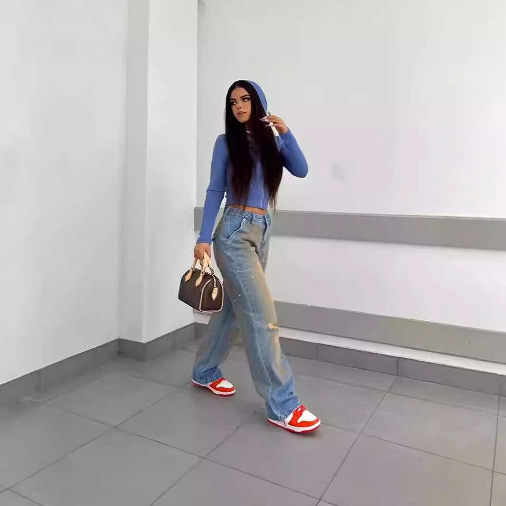European And American Clothing New Summer Casual Versatile Gradient High Waisted Perforated Denim Straight Leg Pants Women's Fashion Quality Clas
