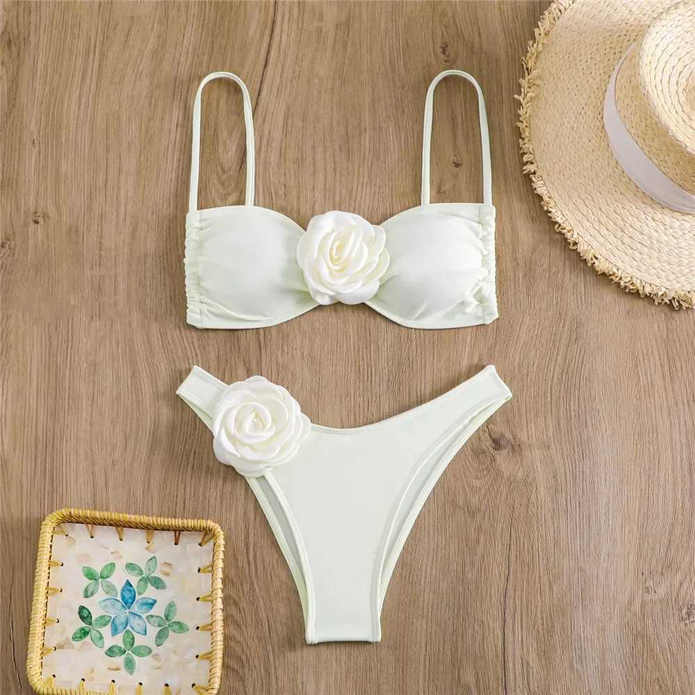 Sexy Flower Bandeau Swimwear Thong Bikini 2025 Women Lace-up Swimsuits Swimming Bathing Suit Brazilian Bikinis Set Mujer BiquiniXJ241212