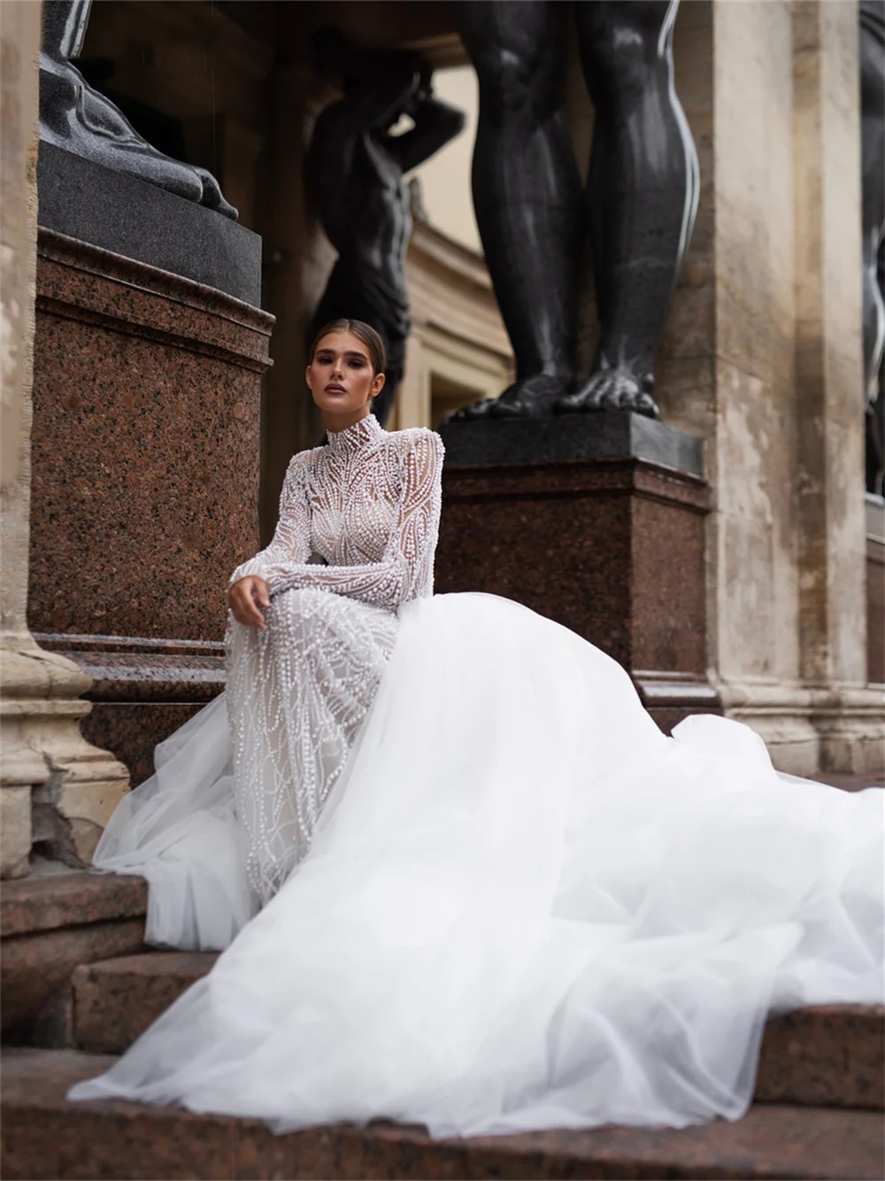 Gorgeous Bridal Dress Sequins Pearls Wedding High Collar Long Sleeves Ball Gown Detachable Train Customized Dresses Vestido De Novia