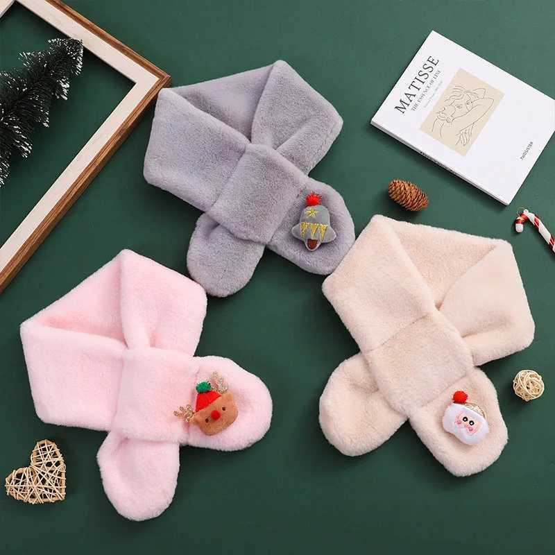 Scarves Wraps Children Christmas Scarf Cartoon Xams Doll Kids Cross Neckerchief Winter Warm Plush Scarves Fluffy Fur Neck Covers 1-13Year Baby H241213