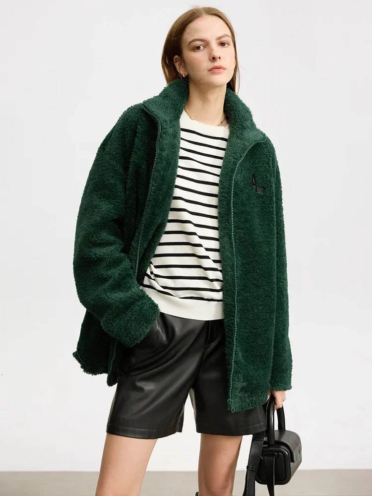 AMII Womens Jackets Lapel Lamb Wool Letter Embroidery Zipper Coat Loose Winter Outerwear Streetwear 12344278 241213