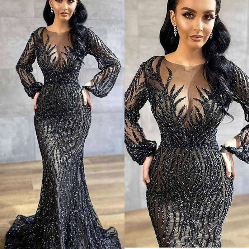 Black Luxurious Long Sleeves Mermaid Prom Dresses Muslim Vestidos De Noiva Backless Rhiestones Crystal Evening Gowns