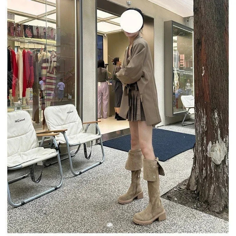 Knee above denim boots for womens ers winter platform shoes fashionable fur suede wedge thick boots motorcycle shoes 2024 241213