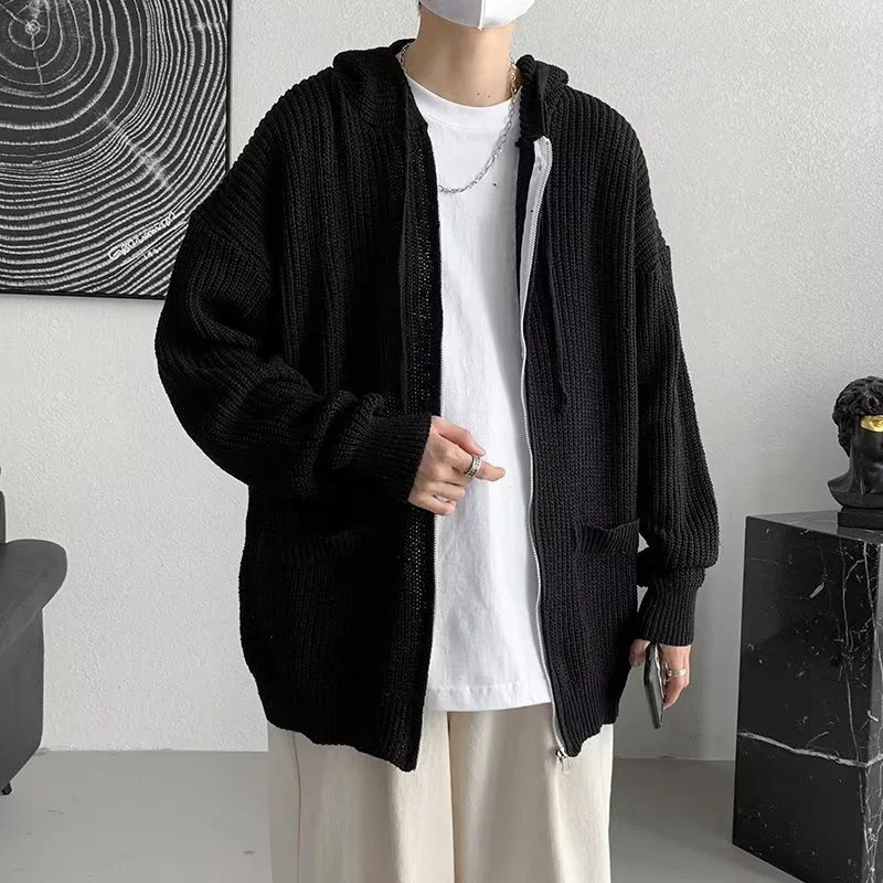 Solid Color Hoodies Cardigan Jackets For Men Autumn Y2K Vintage Streetwear Knitted Sweater Korean Fashion Knitwears Coat 241213