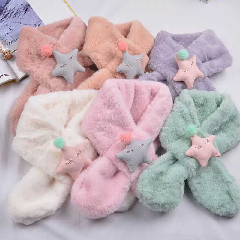 Scarves Wraps Winter Push Baby Scarf Cute Rabbit Bear Doll for Boy Girl Warm Soft Faux Fur Kids Cross Neckerchief H241213