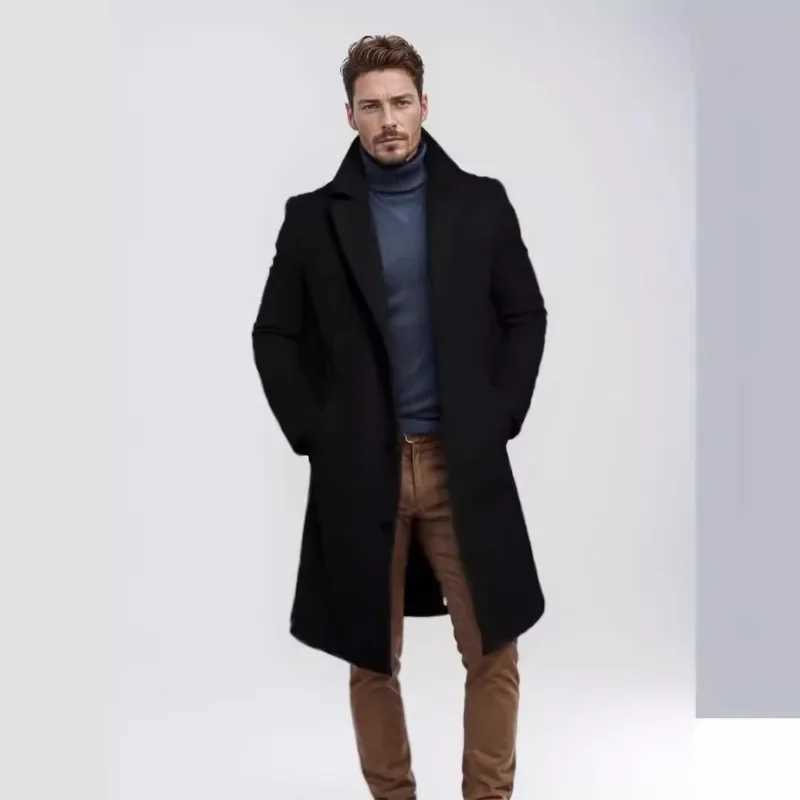 Mens Autumn Winter Long Woolen Coats Mens Business Casual Slim Solid Wool Windbreaker Jacket Street Trend Coldproof Warm OutwearXJ241212