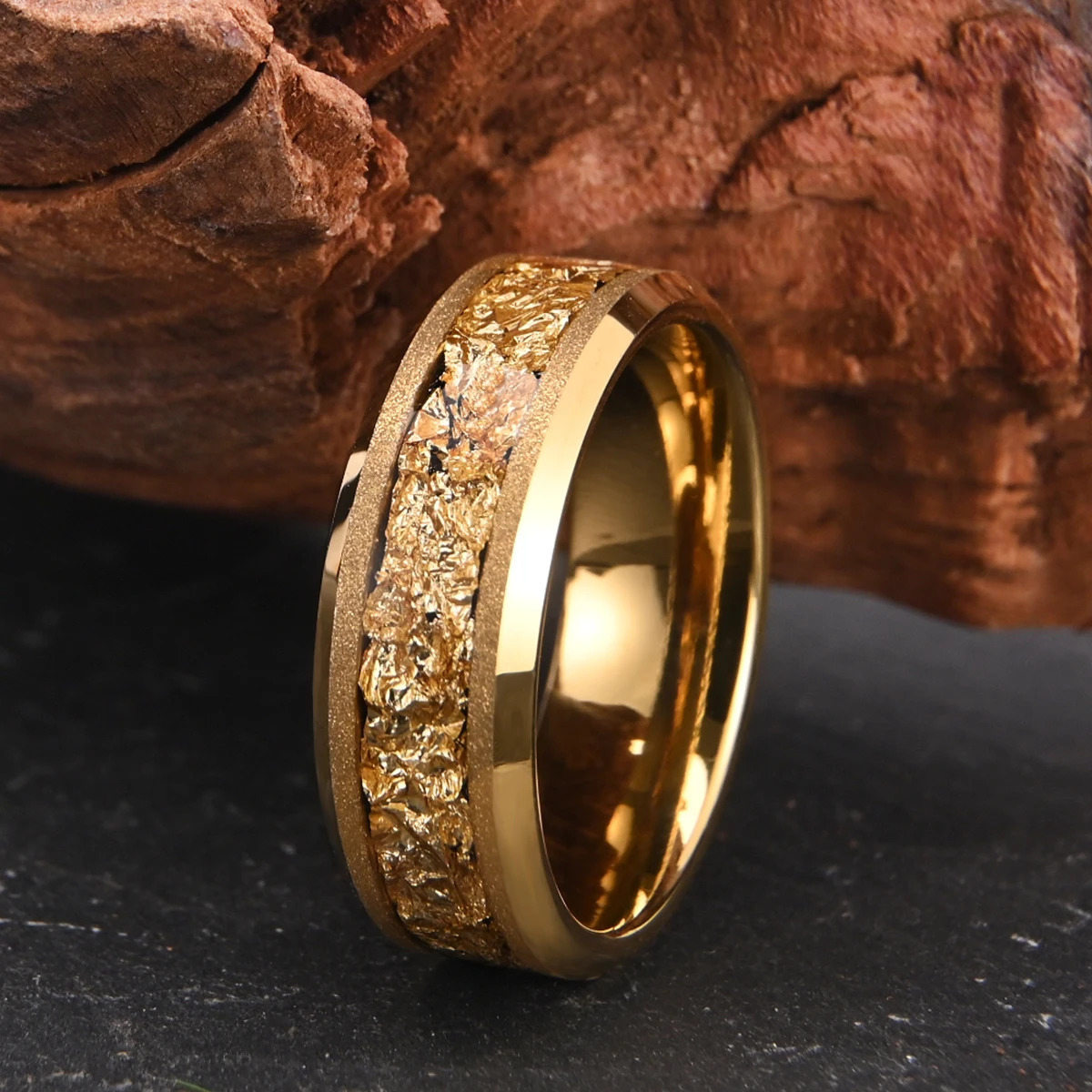 Golden Tungsten Carbide Ring 8mm Frosted Leaf Mens Engagement Novelty Style for Wedding Daily Wear 241213