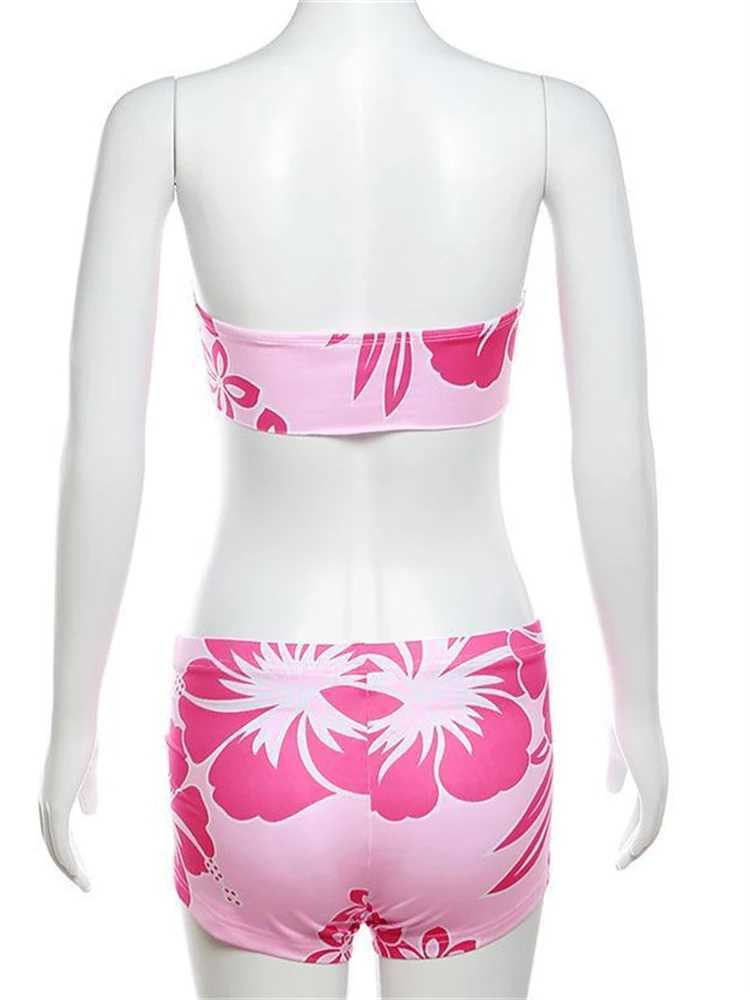 Women's Two Piece Pants WLWXR Summer Flowers Print 2 Piece Sets Hotswt Outfits For Woman 2024 Y2K Backless Bodycon Tube Tops And Shorts Matching 