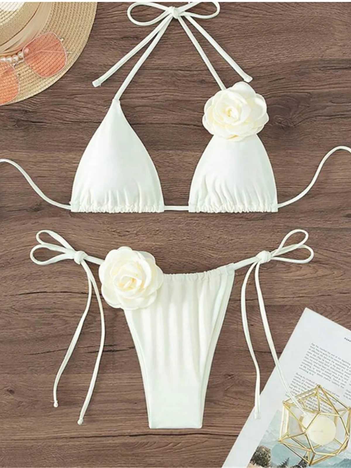 S - XL Sexy 3D Flowers Halter Strappy Bikini Women Swimwear Fa Swimsuit Two-pieces Bikini set Bather Bathing Suit Swim K5297XJ241212