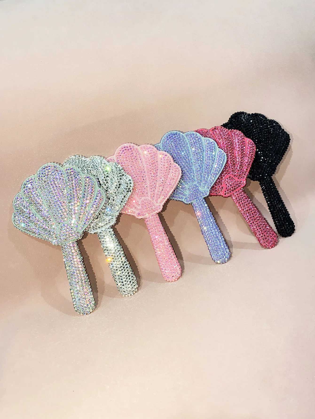 Diamond-encrusted Shell Hand-held Plastic Makeup Mirror Girls Cosmetic Mirror Creative Handmade DIY Small MirrorXJ241213