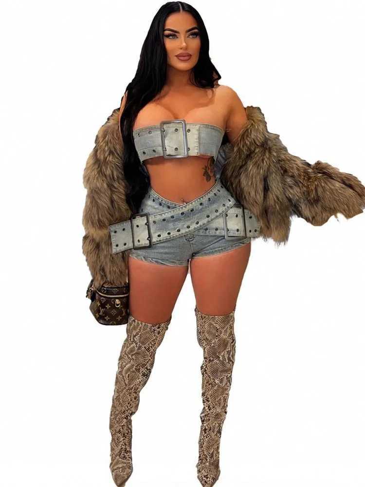 Women's Two Piece Pants 2 Pieces Sexy Summer Spring Fashion Women Set 2024 Strapless Slveless Denim Jeans Tops And Shorts Suit Matching Sets Outf