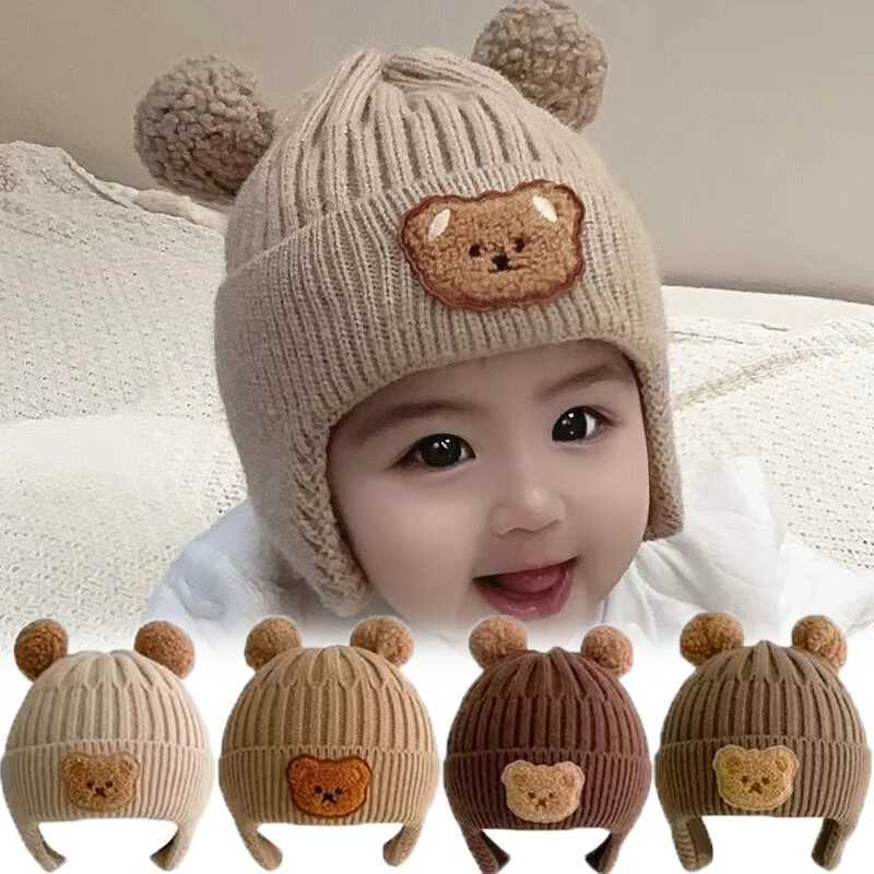 Cute Bear Beanie Caps Baby Girls Winter Warm Knitted Ear Protection Earmuffs Bonnet Hat Kids Pompom Bonnet HatsXJ241213