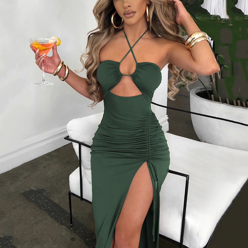 INS Spring New Sexy Spicy Girl High Split Wrinkle Hanging Neck Style Elegant Chest Show Long Dress