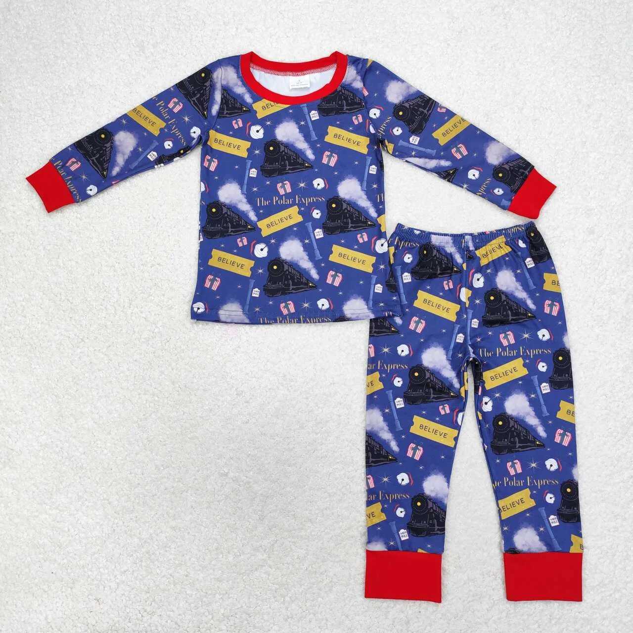 New fashion baby girl boy Christmas train navy blue long sleeved pajamas set jumpsuit wholesale boutique childrens clothing RTS W241213