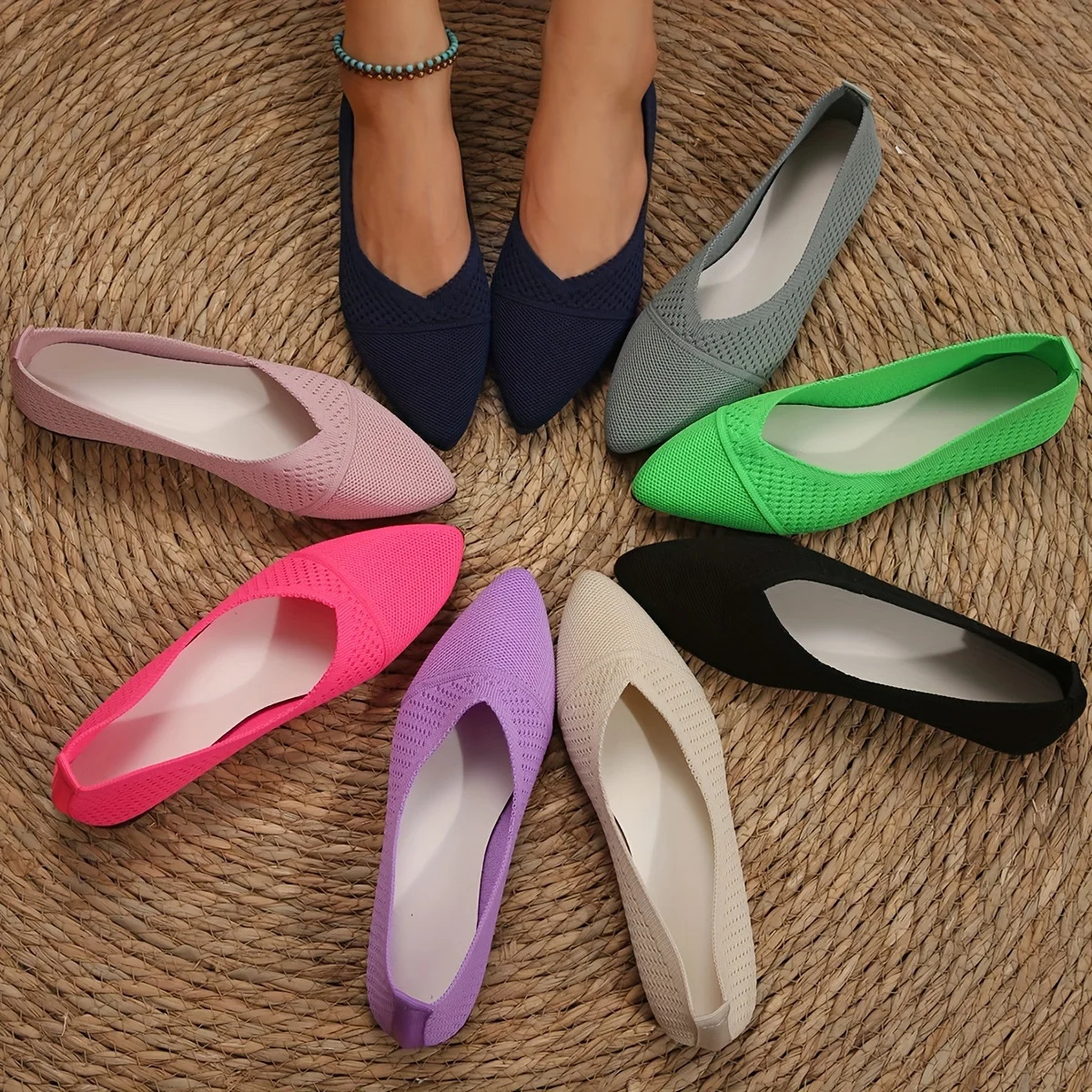 Womens Pointed Toe Flat Shoes Solid Color Knitted Sliding Womens Shoes Casual Breathable Ballet Womens Flat Shoes 241213