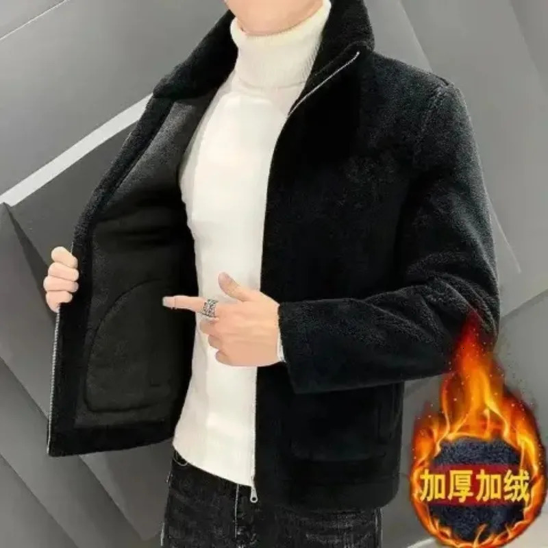 Mens Autumn and Winter Lamb Wool Jacket Lapel with Thick Fleece 241213