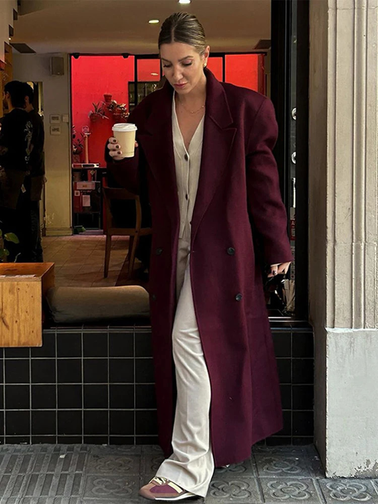 Fashion Double Breasted Long Coat Women Burgundy Red Loose Lapel Pocket Sleeve Coats Autumn Winter High Street Outwear 241213