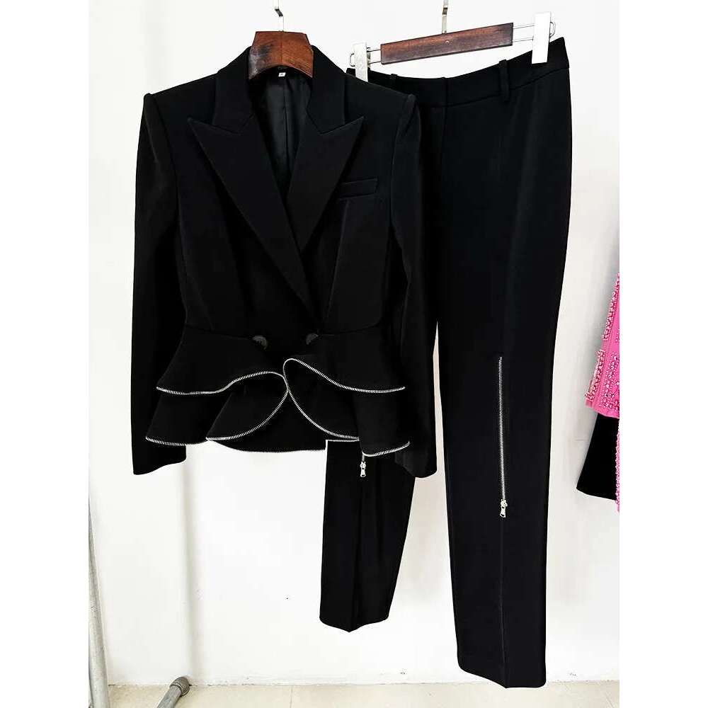 Ladies' Suit HIGH QUALITY Newest Fashion Designer Set Women's Zipper Ruffle Edge Blazer 2Pcs Pants Suit