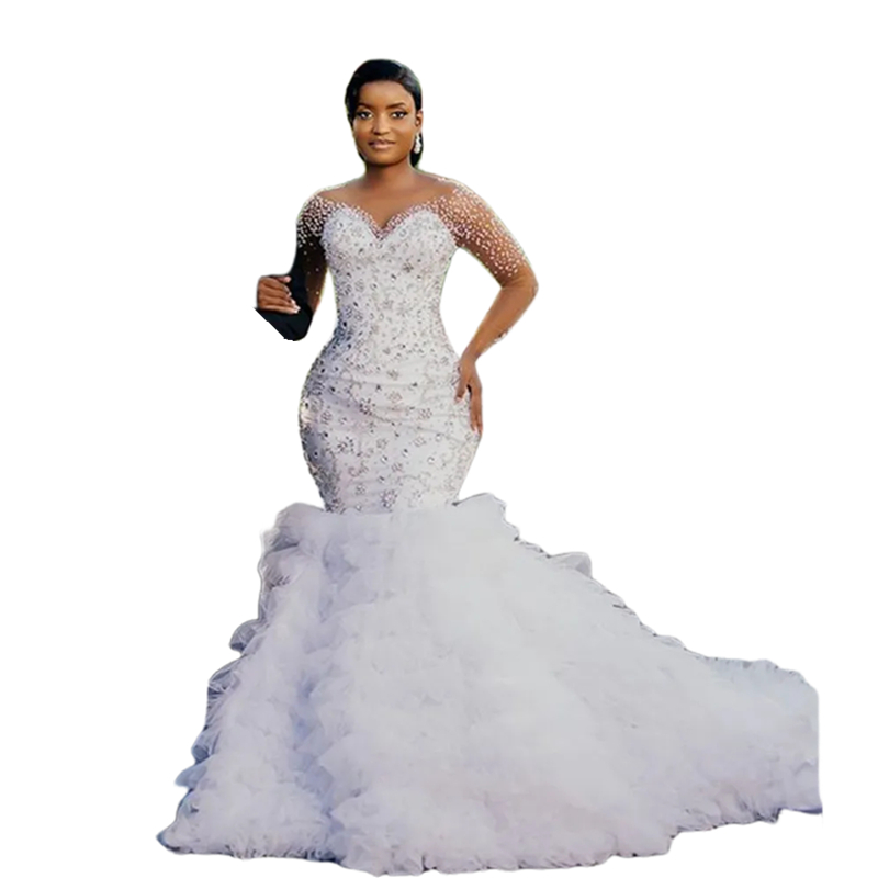 Luxurious Beaded African Mermaid Wedding Dresses Long Sleeves Elegant Bridal Gowns Tiered Tulle Train Ivory Vestido De Novia 2025