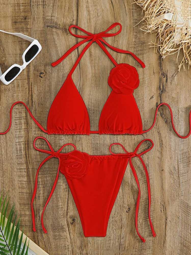 OIINAA Swimsuit Women Sexy 3D Rose Flower Bikini Set Solid Halter Swimwear Drawstring Lace Up Biquinis Two-pieces Bathing SuitXJ241212