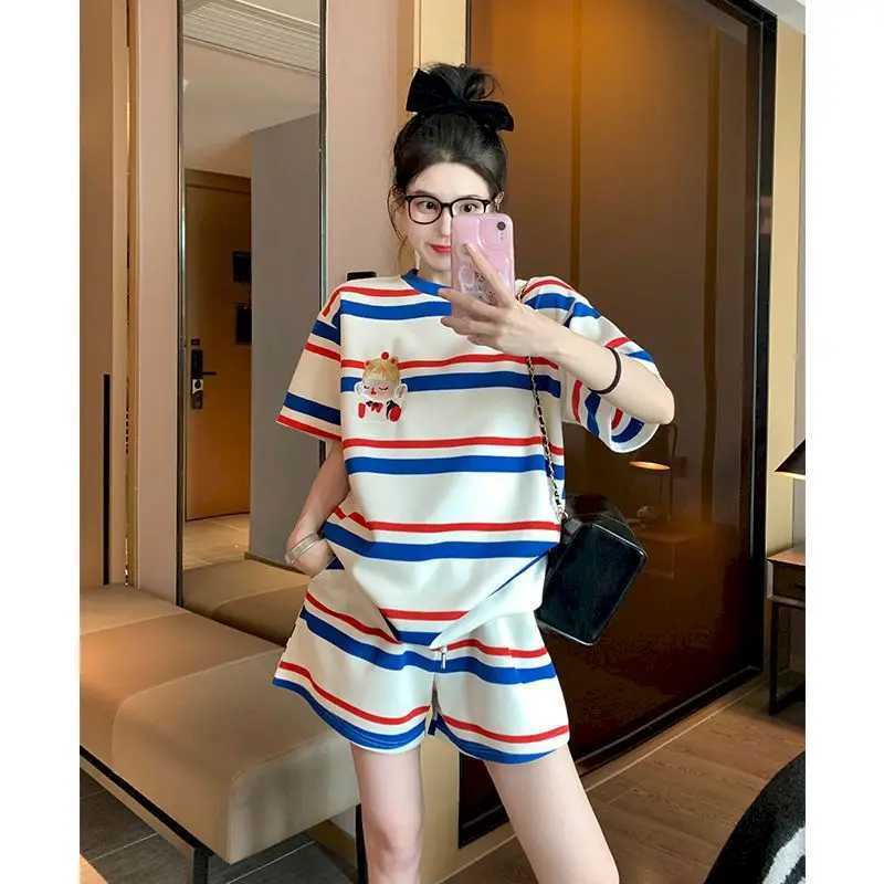 Women's Two Piece Pants Striped Sports Casual Sets for Women Strt Fashion Design Short Slve T Shirt and Shorts Two Piece Set 2024 Summer Y2k Suit