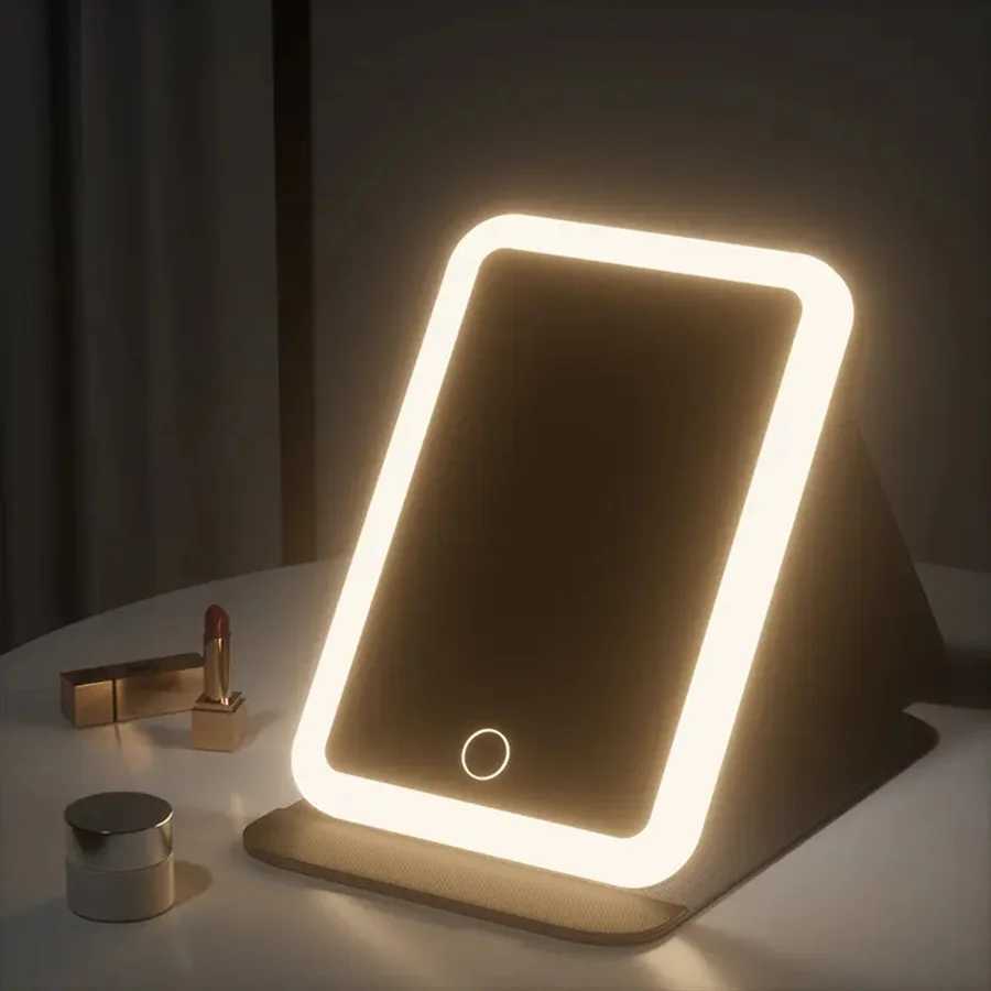 Makeup mirror Folding makeup mirror 1 piece portable LED mirror with ring light three-color light self-standing makeup mirrorXJ241213
