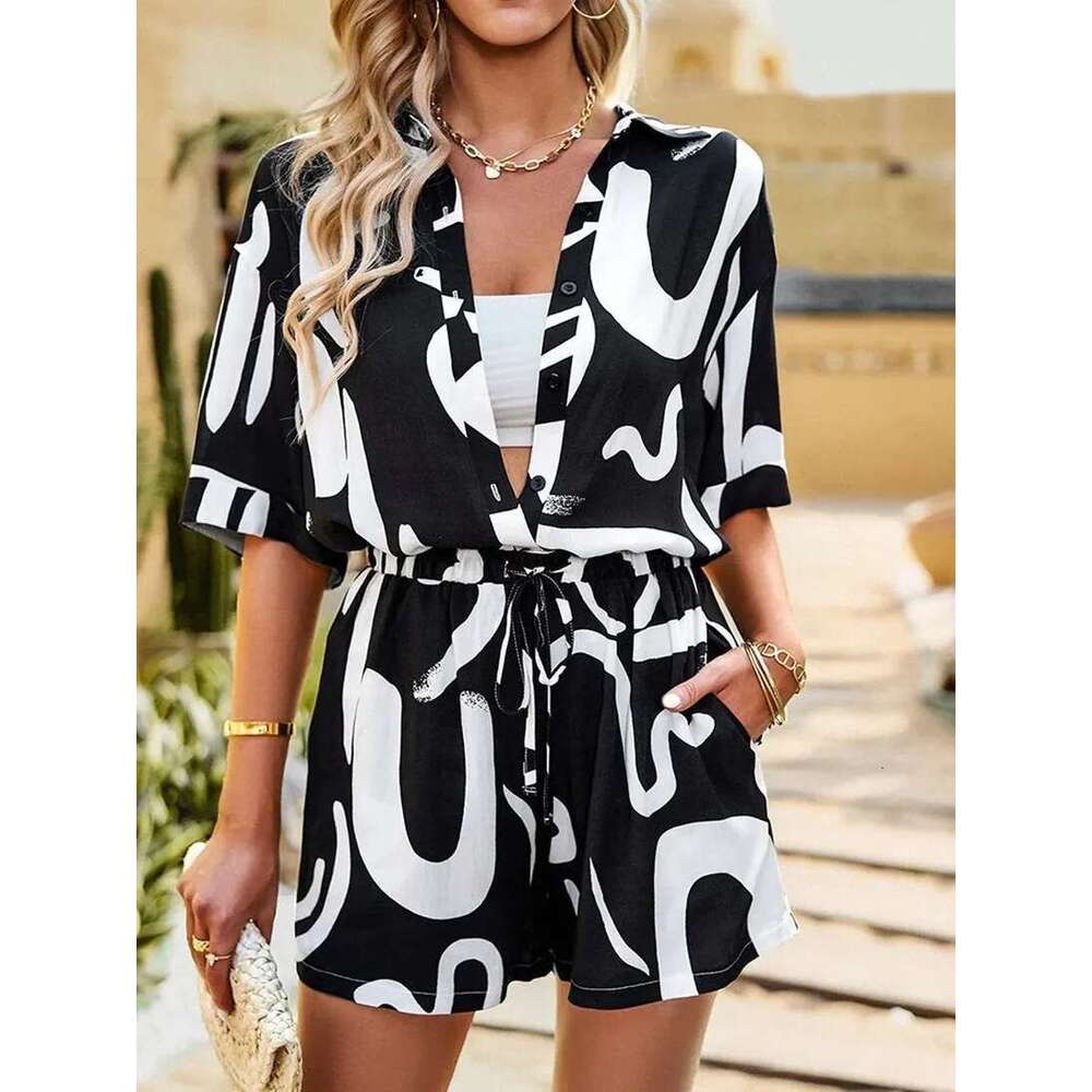 European And American Summer Fashion Printed Loose Casual Collar Shirt With Lace Up Shorts Two-Piece Set, Fashionable Quality Classic