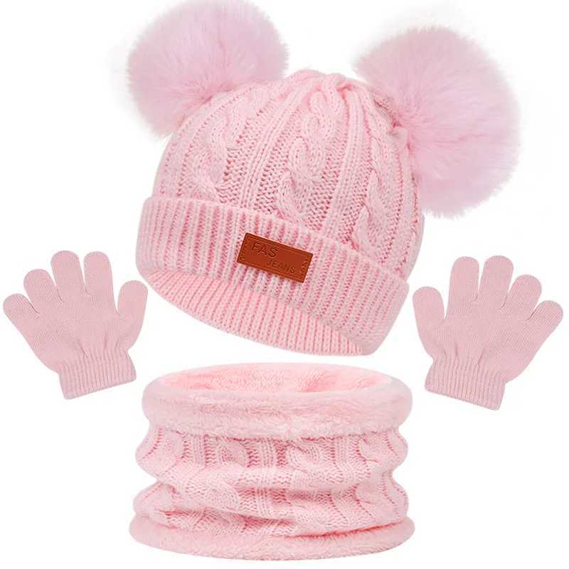 Scarves Wraps 1-5Y Autumn Winter Children Baby Knit Gloves Hat Scarf 3pcs Suit Fur Balls Outdoor Windproof Warm Kids Muffler Cap for Boy Girl H241213