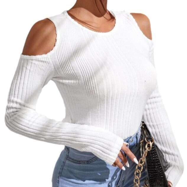 European and American personality 2023 autumn new product round neck off shoulder slim fit long sleeved T-shirt women, casual knitted top for women