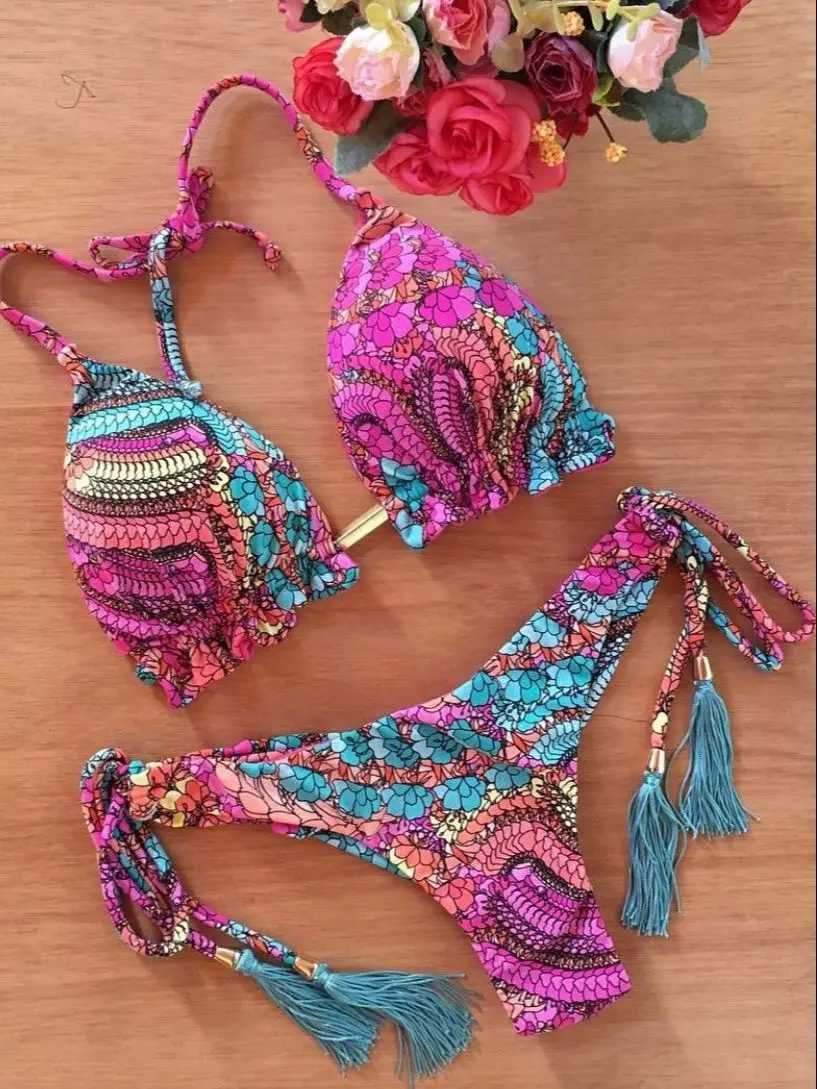 RUOTONGSEPT Sexy Micro Bikinis Set 2024 New Swimsuit Women Feather Print Bandage Swimwear Fa Bathing Suit Brazilian BiquinisXJ241212