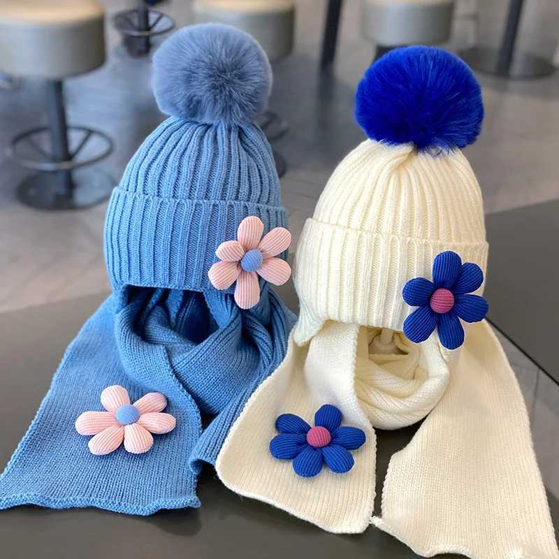 12 Colors Winter Girls Warm Cute Flower Knitted Hats Children Outdoor Beanie Hat with Scarf Kids Cap Headwear Accessories 2-5YXJ241213