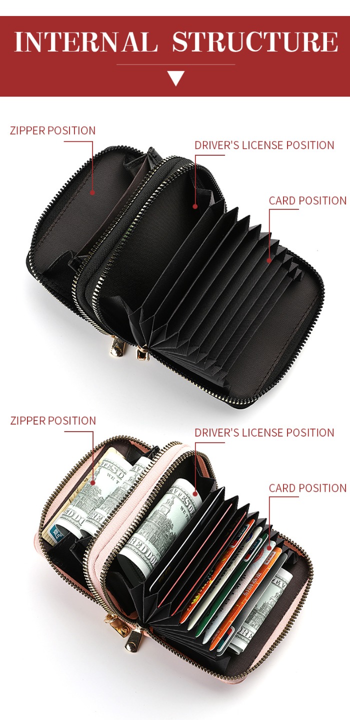 Double Zipper Wallet Womens Short Credit Card Holder, Multifunctional Large Capacity Coin Purse