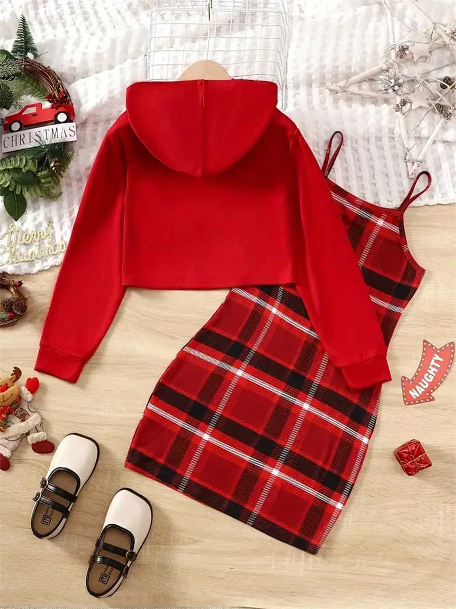 Little Girl Christmas Outfit Letter Print Long Sleeve Hoodies with Plaid Pattern Suspender Dress W241213