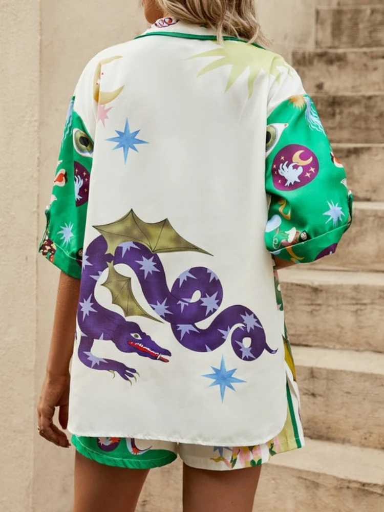 Women's Two Piece Pants 2024 Summer Fashion New Womens Elegant Printed Set Casual Single Breasted Collar Long Slved Shirt Short Two Piece Set Y24
