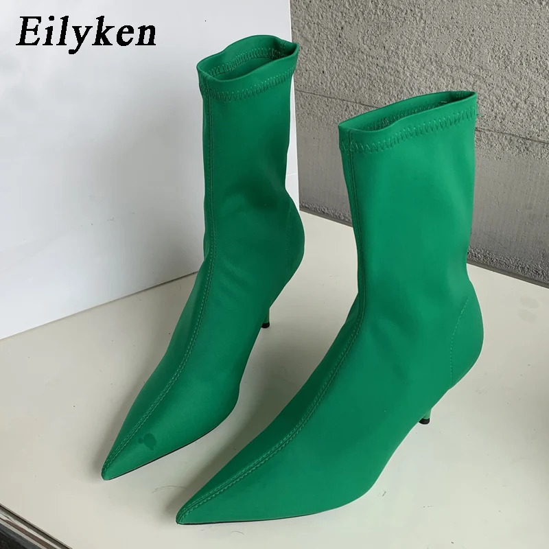 Eilyken 2024 spring autumn stretch fabric womens ankle boots sexy Pointed Toe high heels fashionable womens socks pump shoes 241213