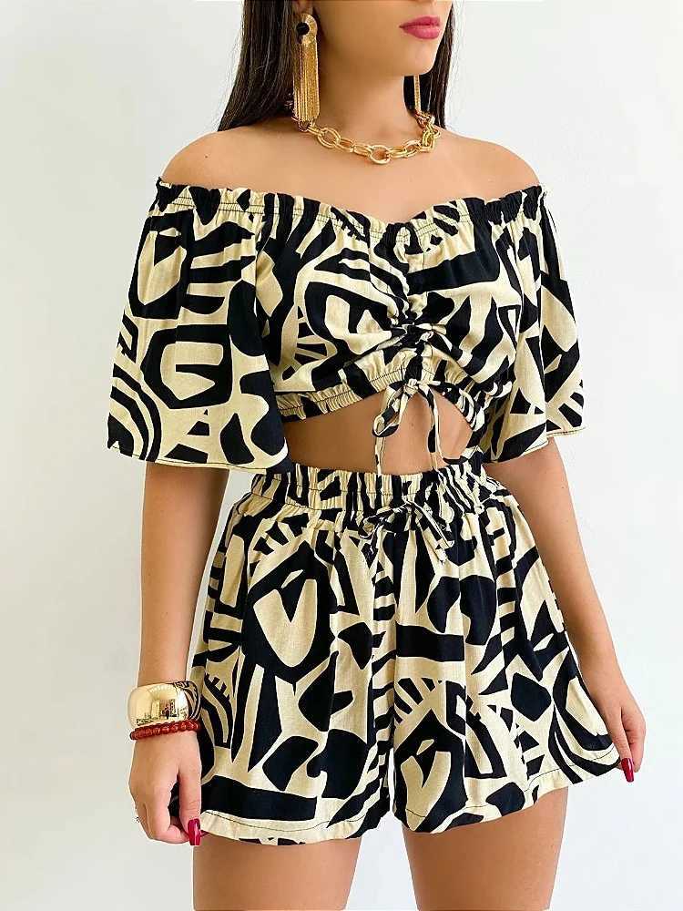Women's Two Piece Pants Sexy Off Shoulder Slash Neck T-shirt Shorts Set Office Lady Floral Print Lace Up Short Slve Two Piece Set Women Outfit 20