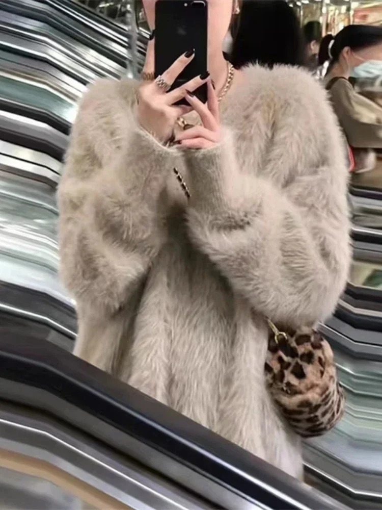 Autumn Winter Mink Fleece Sweater Womens Knitted Pullovers Thick Loose Casual Outerwear Solid O Neck Oversize Jumper 241212