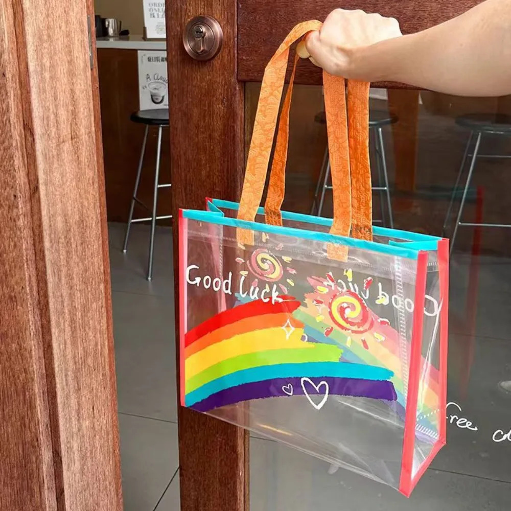 PVC Transparent Rainbow Shoulder Bag Waterproof Beach Swimming Storage Handbag Large Capacity Shopping 241203