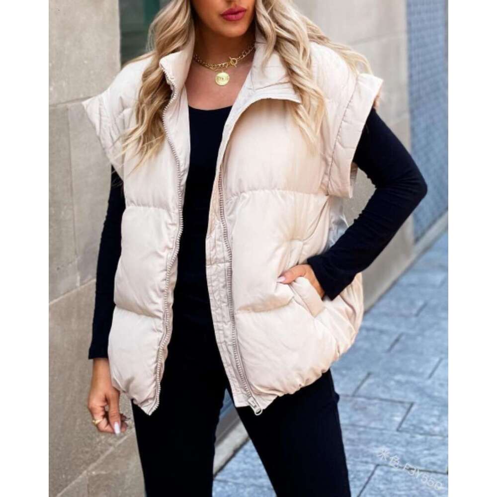 European And American Women's New Solid Color Zipper Pocket Stand Up Collar Cotton Coat Vest Commuting Jacket Fashionable Quality Classic