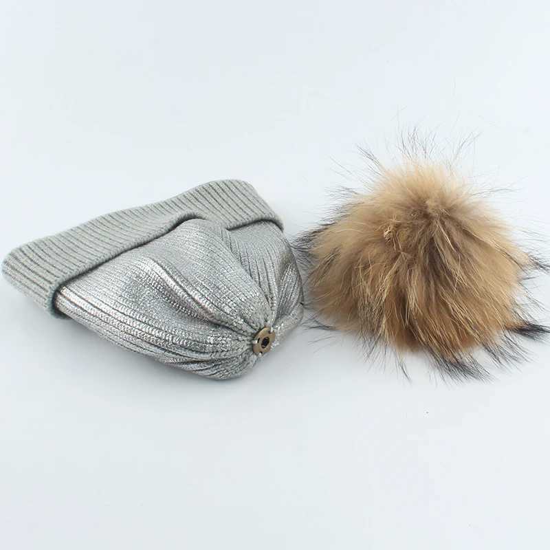 Wool Knitted Winter Hat For Kids Girls Boy Gold Silver Pink Black Metallic Print Beanie Real Fur Pompom HatXJ241213